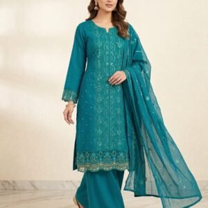 Teal Green Embroidered Unstitched Three Piece